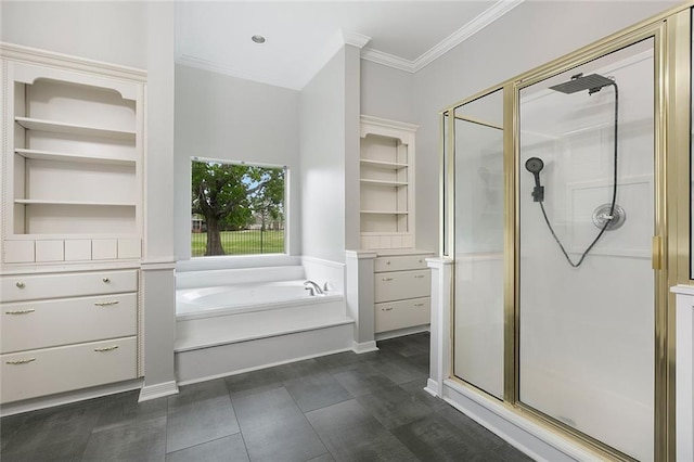 bathroom with ornamental molding, hardwood / wood-style floors, built in features, and shower with separate bathtub