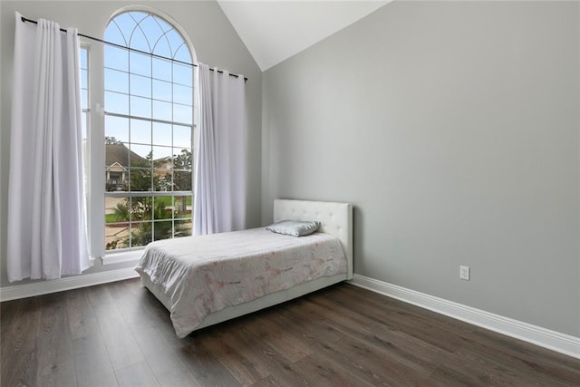 bedroom featuring dark hardwood / wood-style flooring and high vaulted ceiling