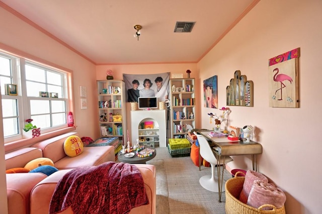 living room with carpet flooring and crown molding