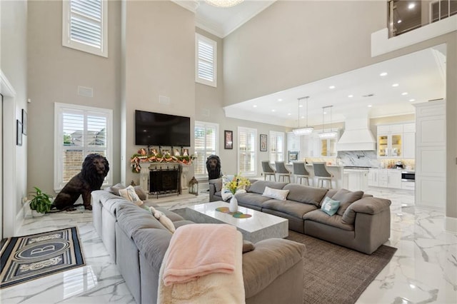 living room with a towering ceiling and ornamental molding