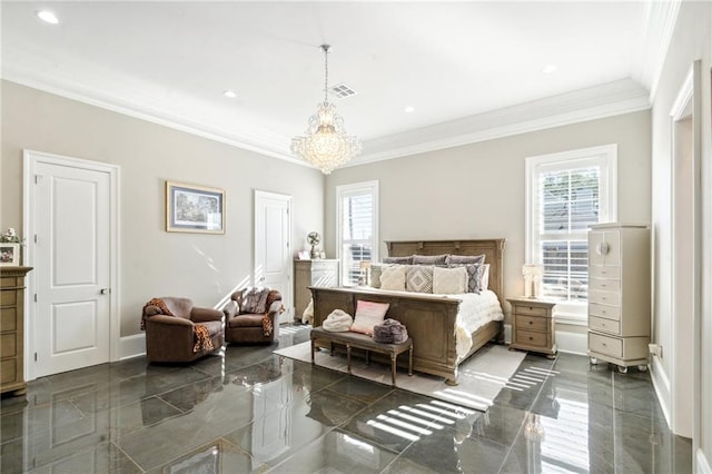 bedroom featuring crown molding and a notable chandelier