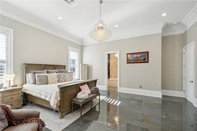 bedroom featuring ensuite bathroom, a notable chandelier, and ornamental molding