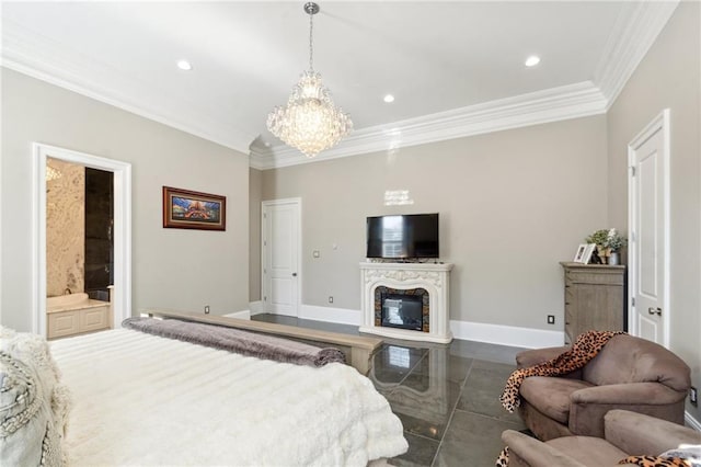 bedroom with ensuite bath, a notable chandelier, and ornamental molding