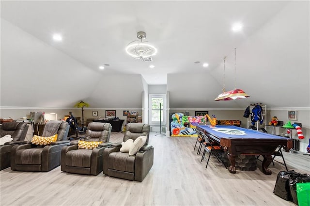 rec room with ornamental molding, light hardwood / wood-style flooring, lofted ceiling, and pool table