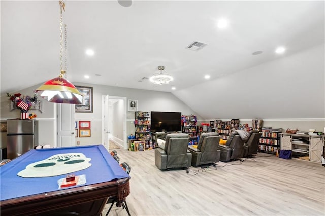 playroom featuring wood-type flooring, pool table, and vaulted ceiling