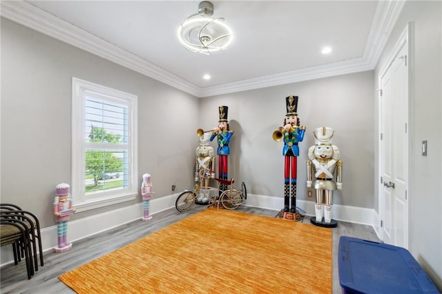 workout area with hardwood / wood-style flooring and crown molding