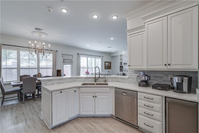 kitchen featuring white cabinetry, backsplash, kitchen peninsula, sink, and dishwasher