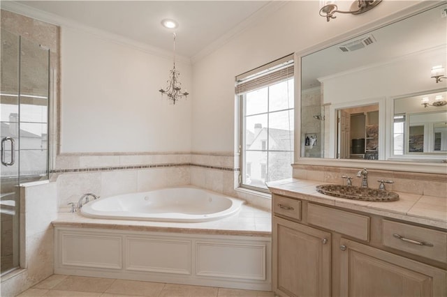 bathroom with ornamental molding, shower with separate bathtub, vanity, and tile flooring