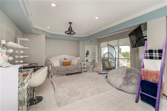 living room with tile floors and crown molding