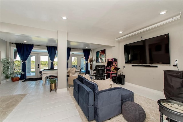 tiled living room with french doors