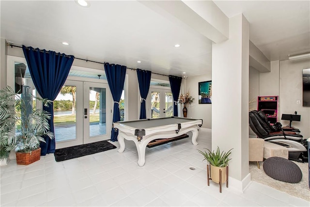 game room with tile flooring, french doors, and pool table