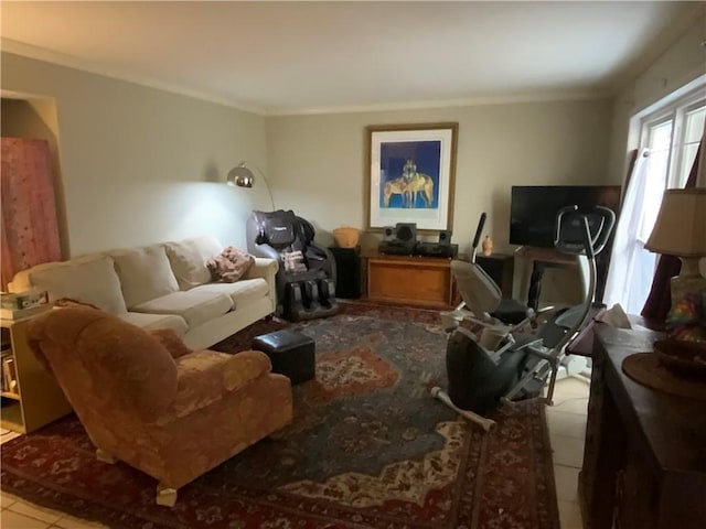 tiled living room with crown molding