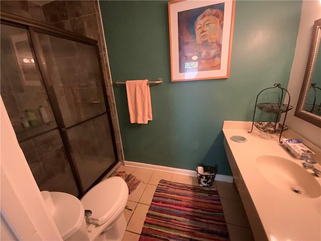 bathroom with a shower with door, vanity, toilet, and tile flooring