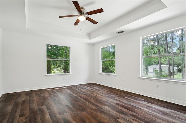 unfurnished room featuring dark hardwood / wood-style flooring, ceiling fan, and a raised ceiling