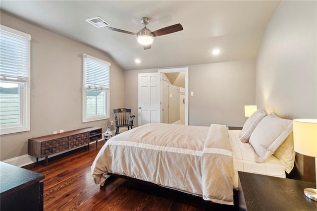 bedroom with dark wood-type flooring, ceiling fan, and lofted ceiling