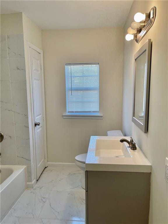 full bathroom featuring tile floors, shower / bathing tub combination, toilet, and large vanity