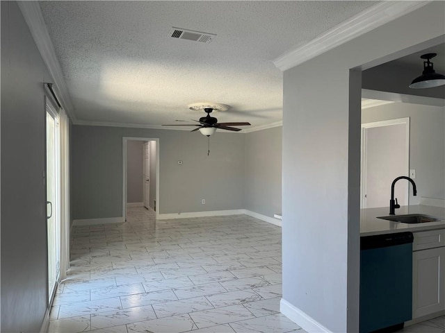 empty room featuring sink, ceiling fan, crown molding, and light tile floors