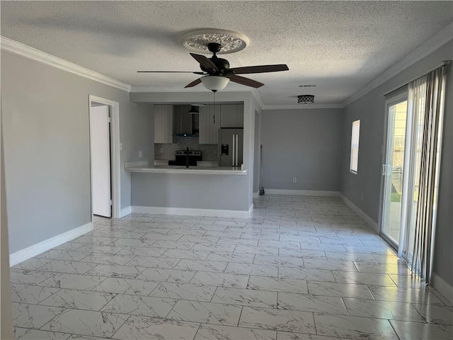 interior space with crown molding, ceiling fan, a textured ceiling, and light tile flooring