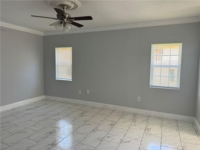 unfurnished room with ceiling fan, crown molding, light tile floors, and a textured ceiling