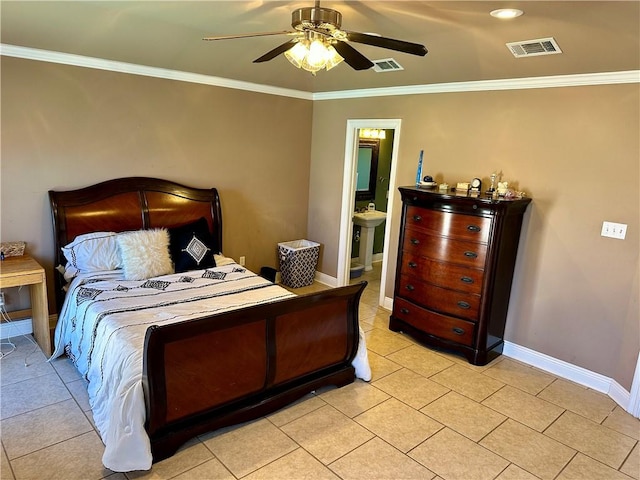 tiled bedroom featuring connected bathroom, ceiling fan, and crown molding