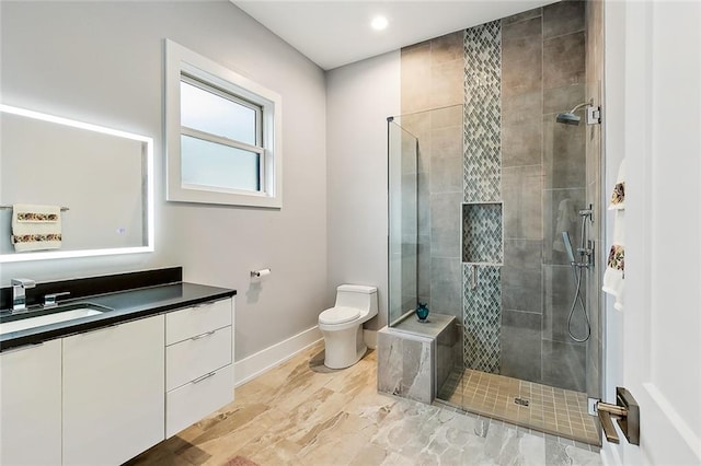 bathroom with hardwood / wood-style flooring, an enclosed shower, vanity, and toilet