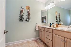 bathroom featuring tile floors, oversized vanity, and double sink