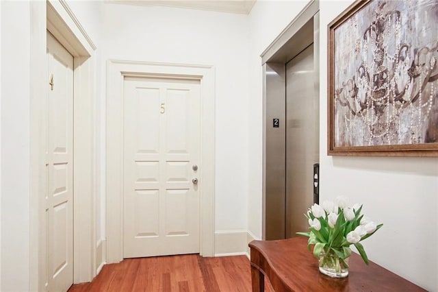 entryway featuring hardwood / wood-style floors and elevator