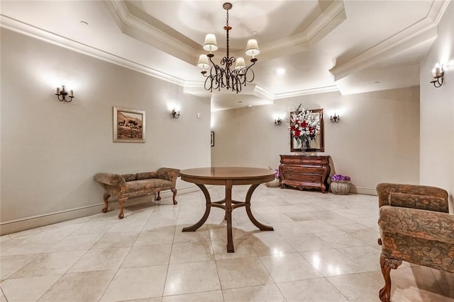 interior space featuring tile floors, a notable chandelier, and a tray ceiling