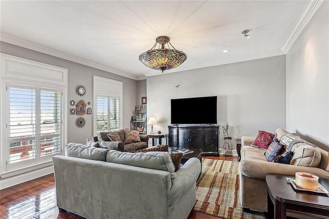 living room featuring crown molding and dark hardwood / wood-style floors