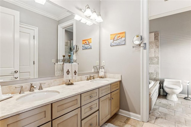 bathroom featuring oversized vanity, dual sinks, a washtub, tile flooring, and ornamental molding