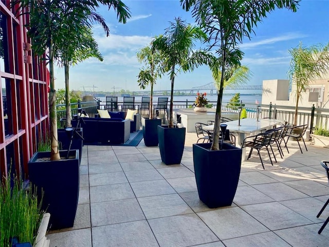 view of patio / terrace featuring a water view