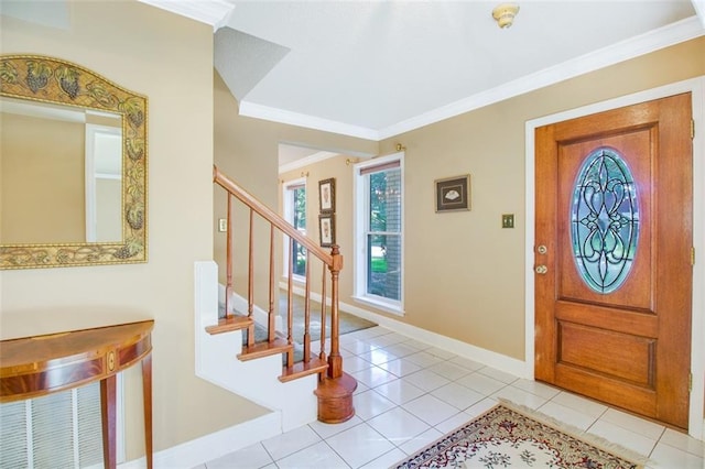 tiled foyer with crown molding