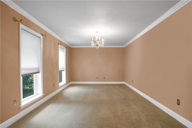 empty room with a notable chandelier, carpet, and crown molding