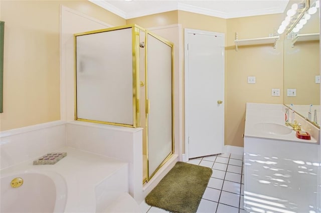 bathroom with ornamental molding, vanity, tile floors, and separate shower and tub