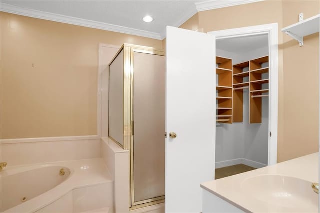 bathroom with ornamental molding, sink, a textured ceiling, and plus walk in shower