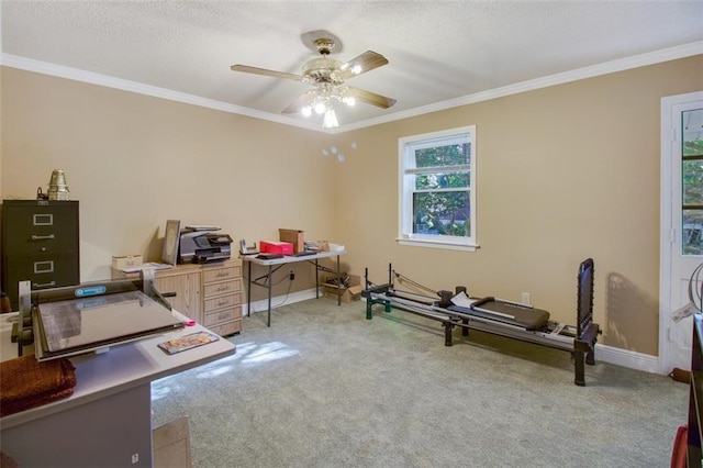 carpeted office space with ornamental molding and ceiling fan