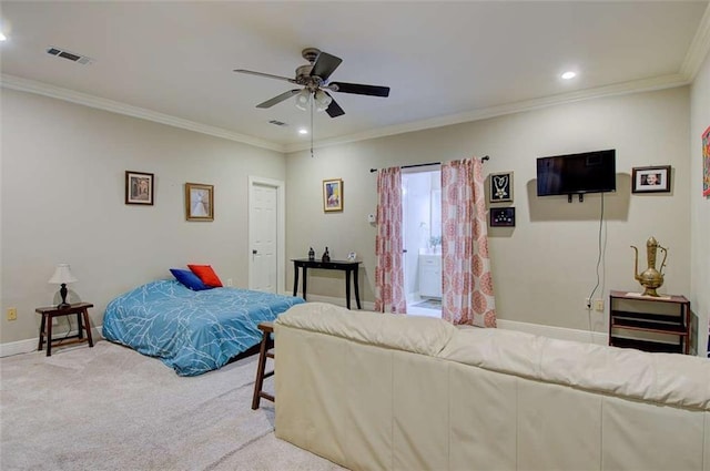 carpeted bedroom featuring crown molding and ceiling fan