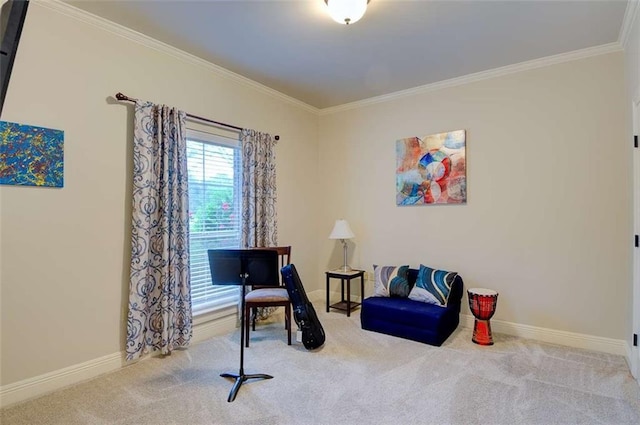 living area with ornamental molding and carpet flooring