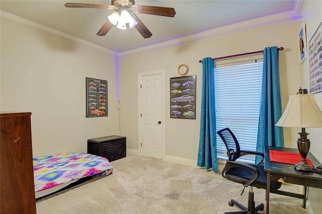 carpeted bedroom with ornamental molding and ceiling fan