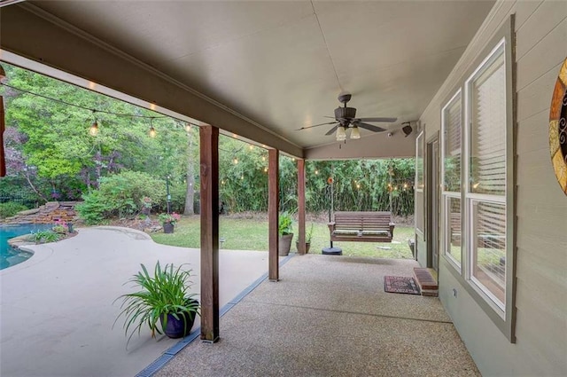 view of patio / terrace featuring ceiling fan and an outdoor hangout area