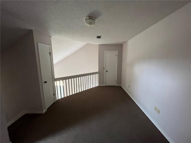 additional living space with lofted ceiling, carpet, and a textured ceiling