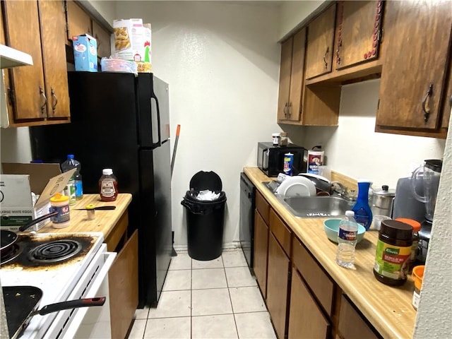 kitchen with light tile flooring, dishwasher, electric range, wall chimney exhaust hood, and sink