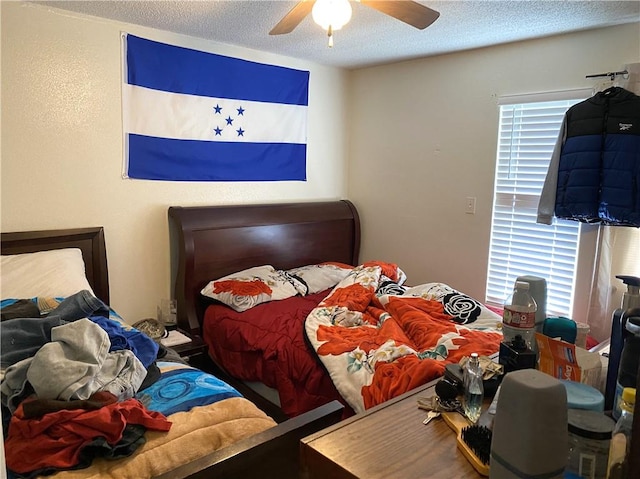 bedroom featuring a textured ceiling, ceiling fan, and multiple windows