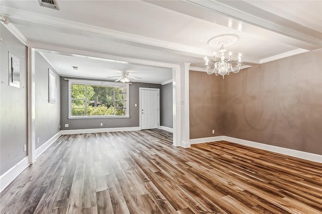 unfurnished room with ornamental molding, wood-type flooring, and ceiling fan with notable chandelier