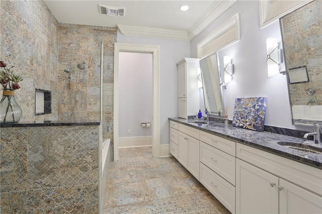 bathroom with ornamental molding, double vanity, and tile flooring