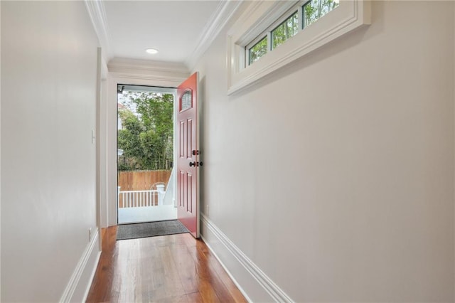 doorway featuring ornamental molding and hardwood / wood-style floors