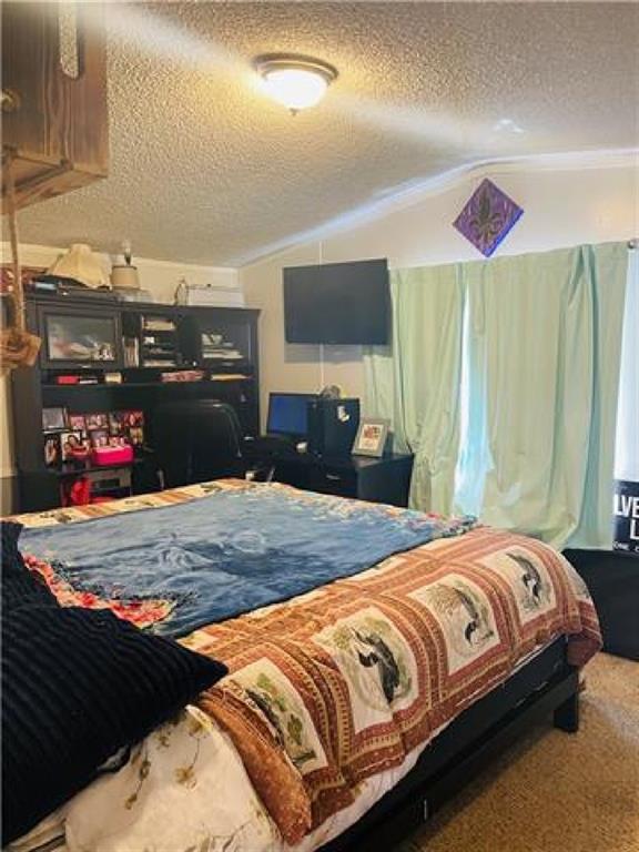 carpeted bedroom with vaulted ceiling and a textured ceiling