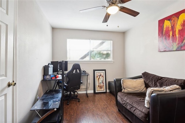 office area with ceiling fan and dark wood-type flooring