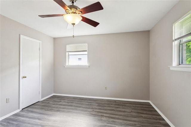 spare room featuring wood-type flooring and ceiling fan