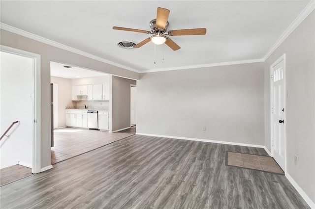 unfurnished living room featuring hardwood / wood-style flooring, crown molding, and ceiling fan